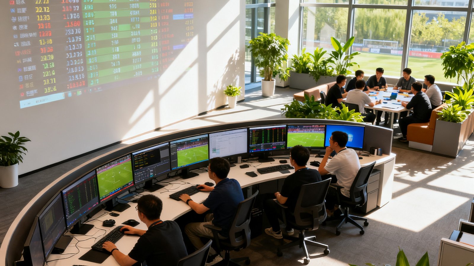 球迷网北京总部开放式办公区实景，数十名编辑和技术人员在弧形显示器前专注工作，墙面投影实时滚动全球赛事比分数据，阳光透过落地窗洒在绿植和团队协作区域。