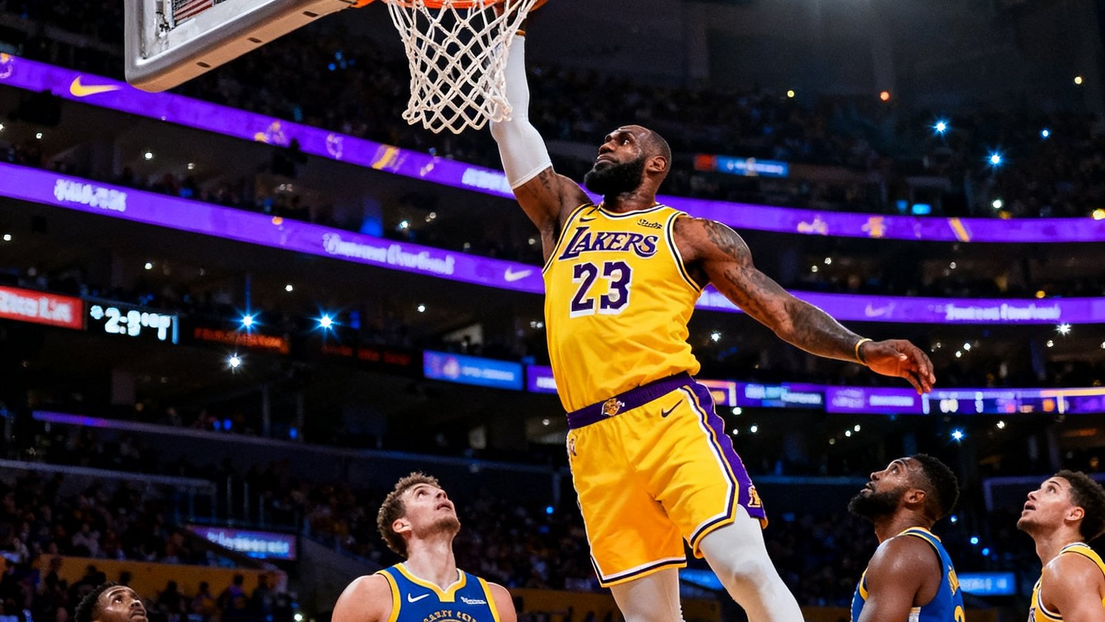NBA常规赛湖人队对阵勇士队比赛集锦封面，勒布朗·詹姆斯在第三节完成一记势大力沉的战斧扣篮，篮筐周围球员仰望，观众席闪光灯不断。