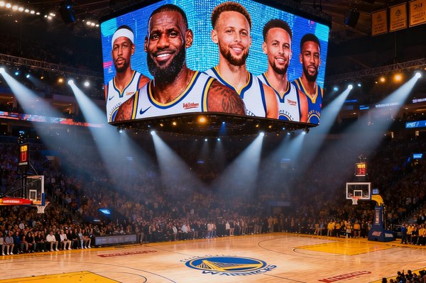 NBA官方公布全明星赛首发阵容的新闻配图，篮球场中央巨型屏幕展示入选球员头像，包括詹姆斯、库里等超级巨星。